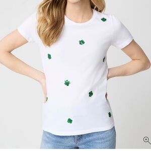 J Crew Women's White Short-Sleeve Tee with Green Clover Embellishments xxl nwt